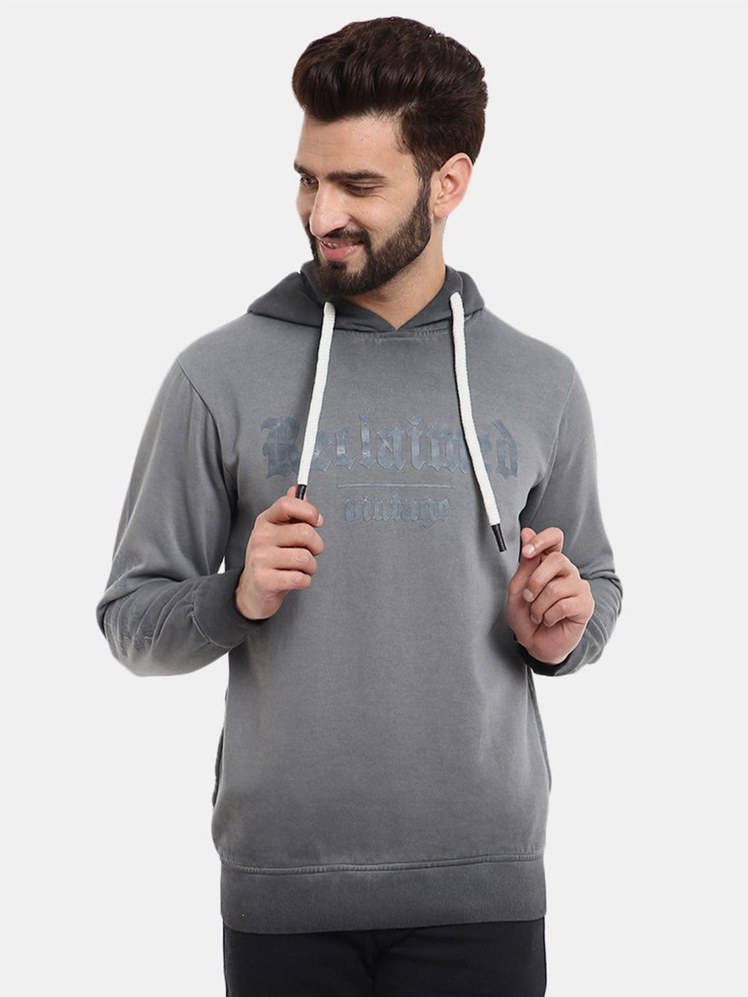 v-mart men grey printed hooded fleece sweatshirt