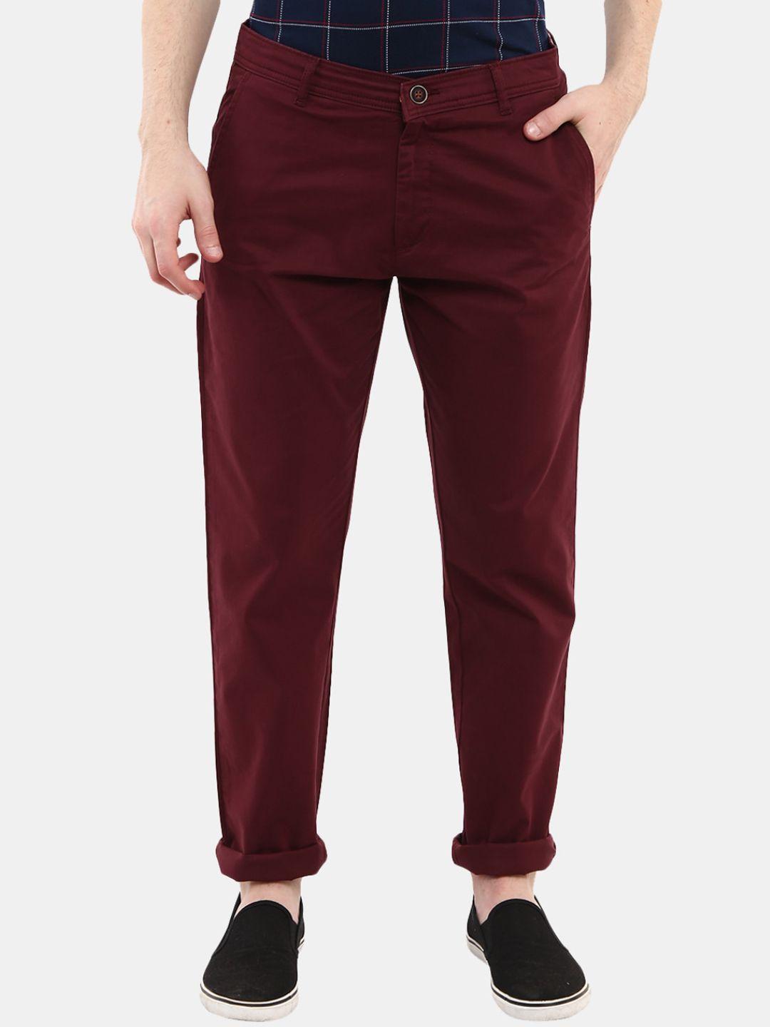 v-mart men maroon solid classic slim fit trousers