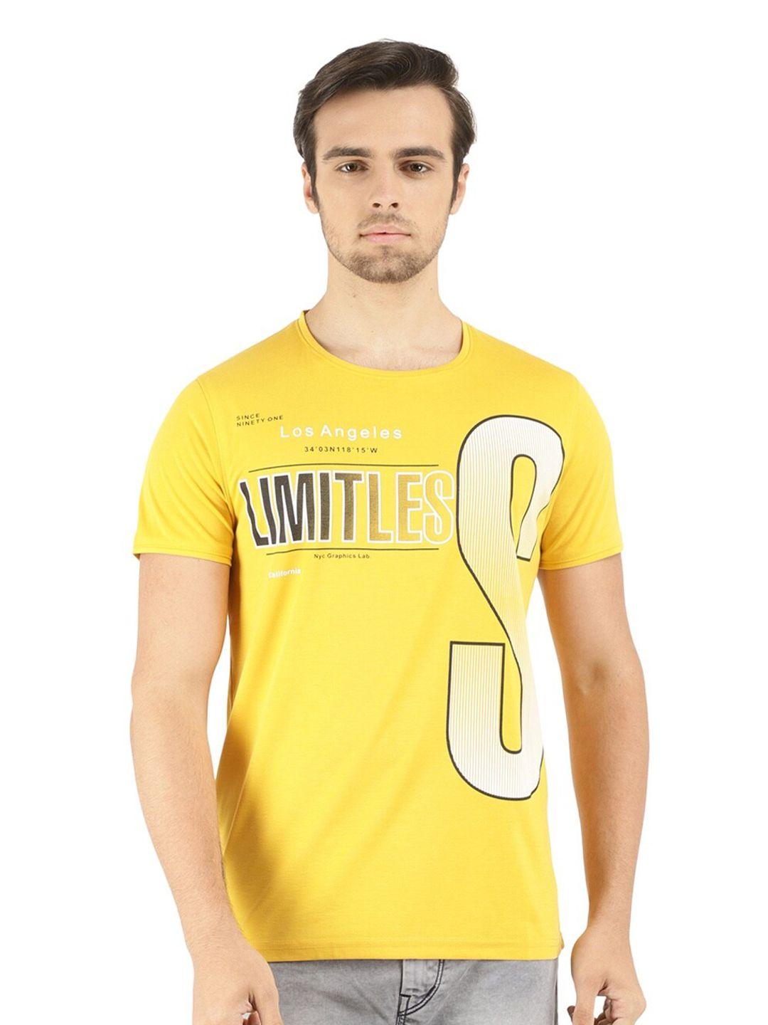 v-mart men mustard yellow & white graphic printed slim fit t-shirt
