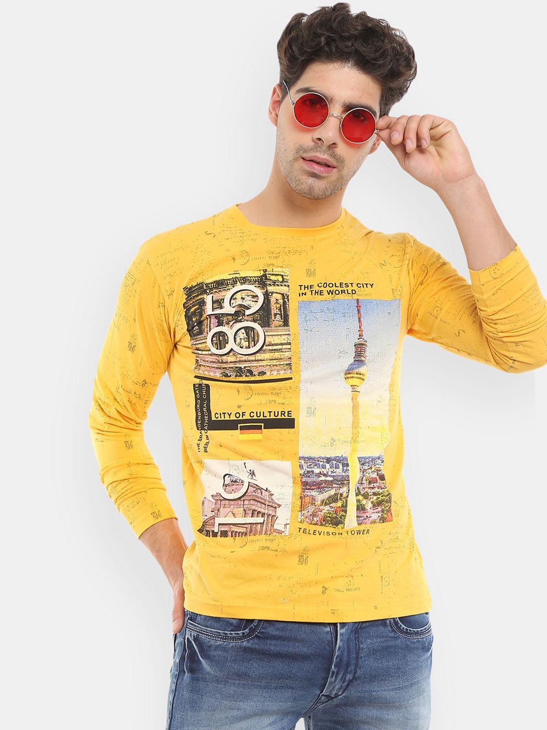 v-mart men mustard yellow graphic printed slim fit t-shirt