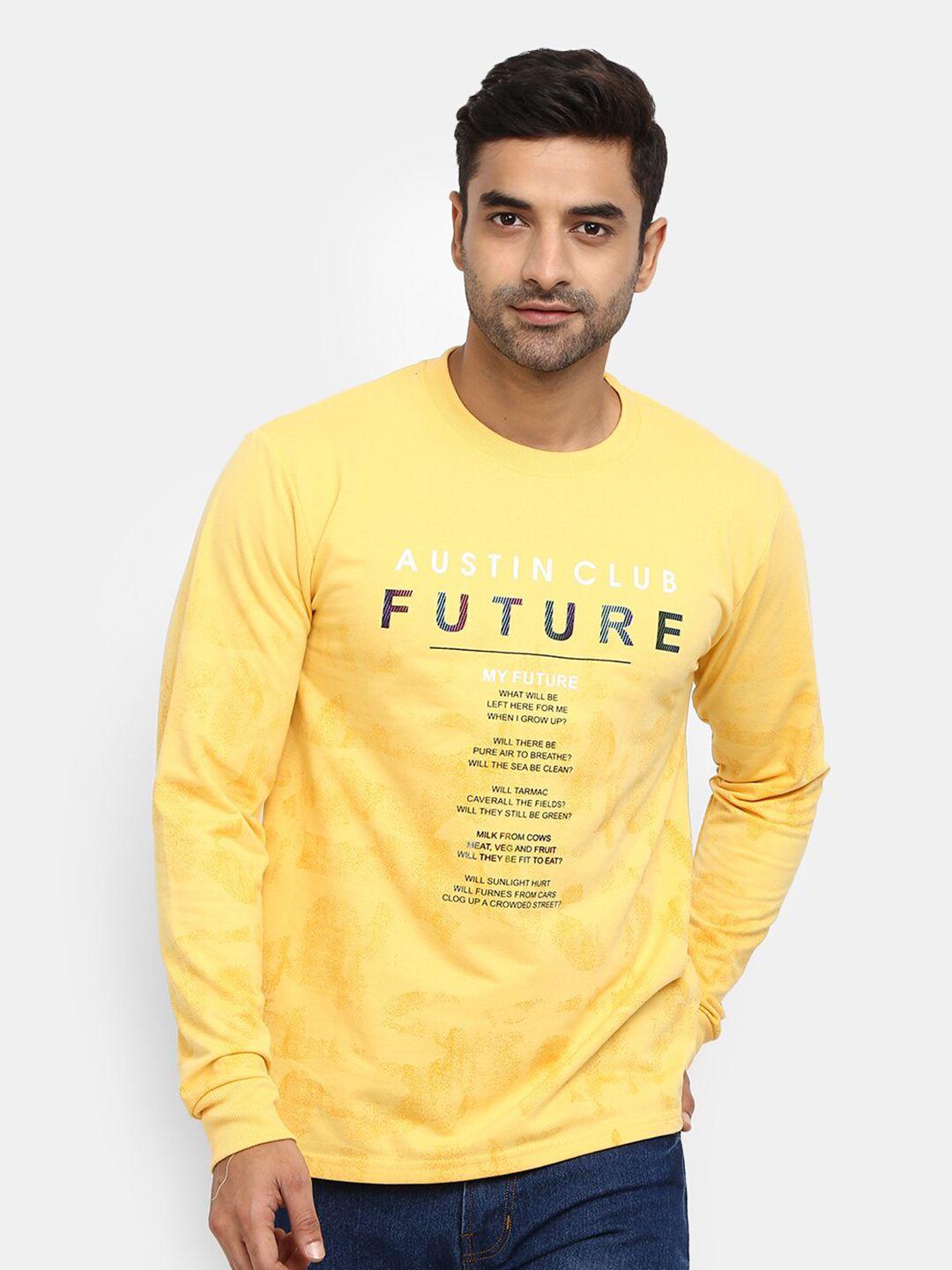 v-mart men mustard yellow typography printed raw edge slim fit t-shirt