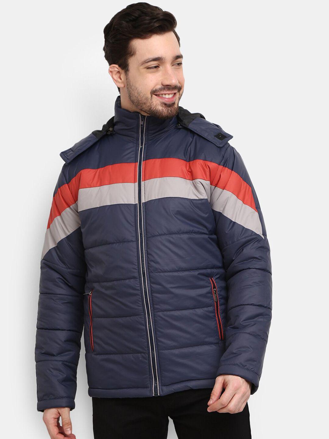 v-mart men navy blue &  red colourblocked outdoor padded jacket