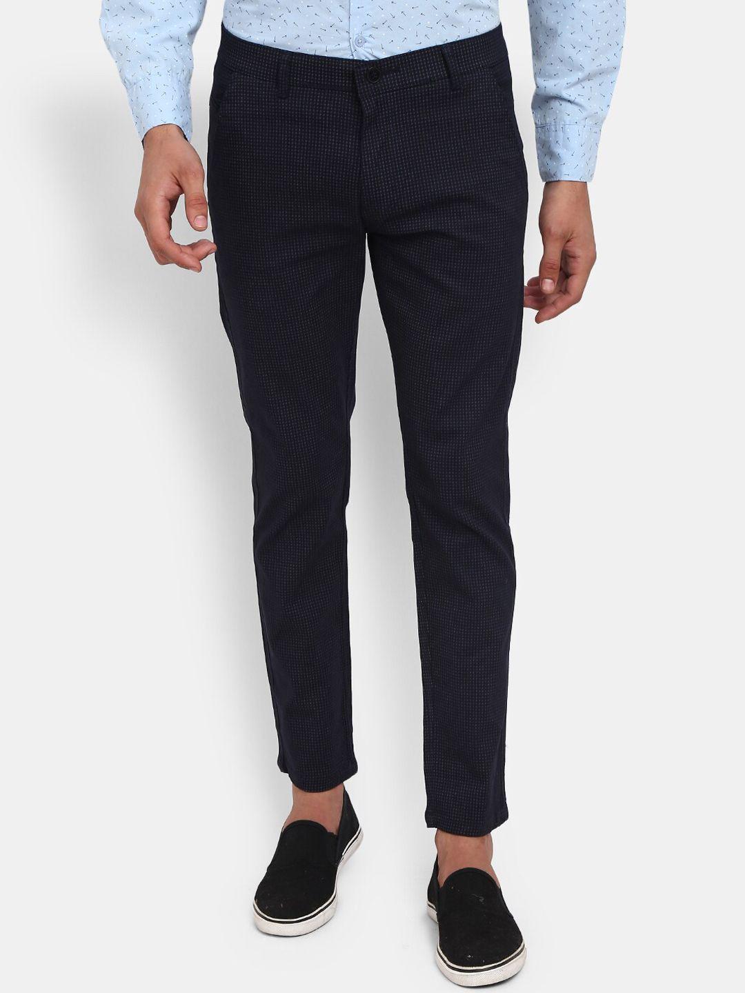 v-mart men navy blue checked classic cotton trousers