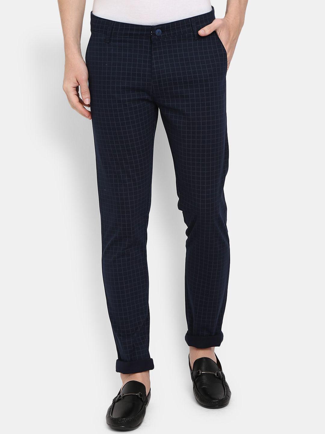 v-mart men navy blue checked classic slim fit trousers