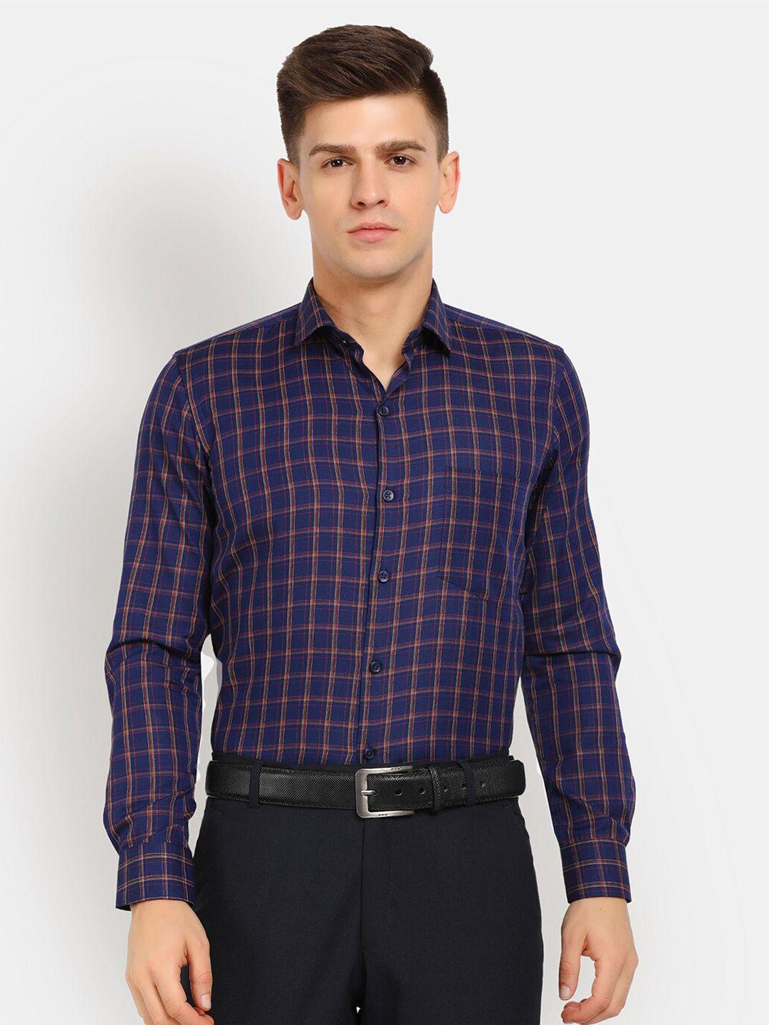 v-mart men navy blue classic checked cotton formal shirt
