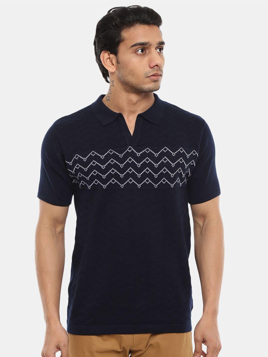 v-mart men navy blue printed polo neck slim fit t-shirt