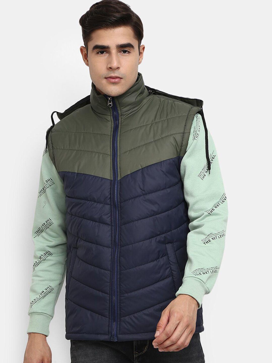 v-mart men olive green & navy blue colourblocked outdoor padded jacket