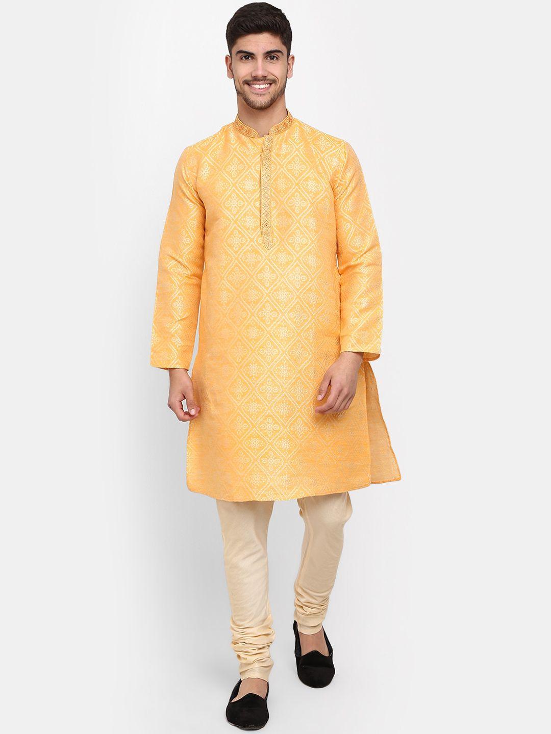 v-mart men orange floral kurta with pyjamas
