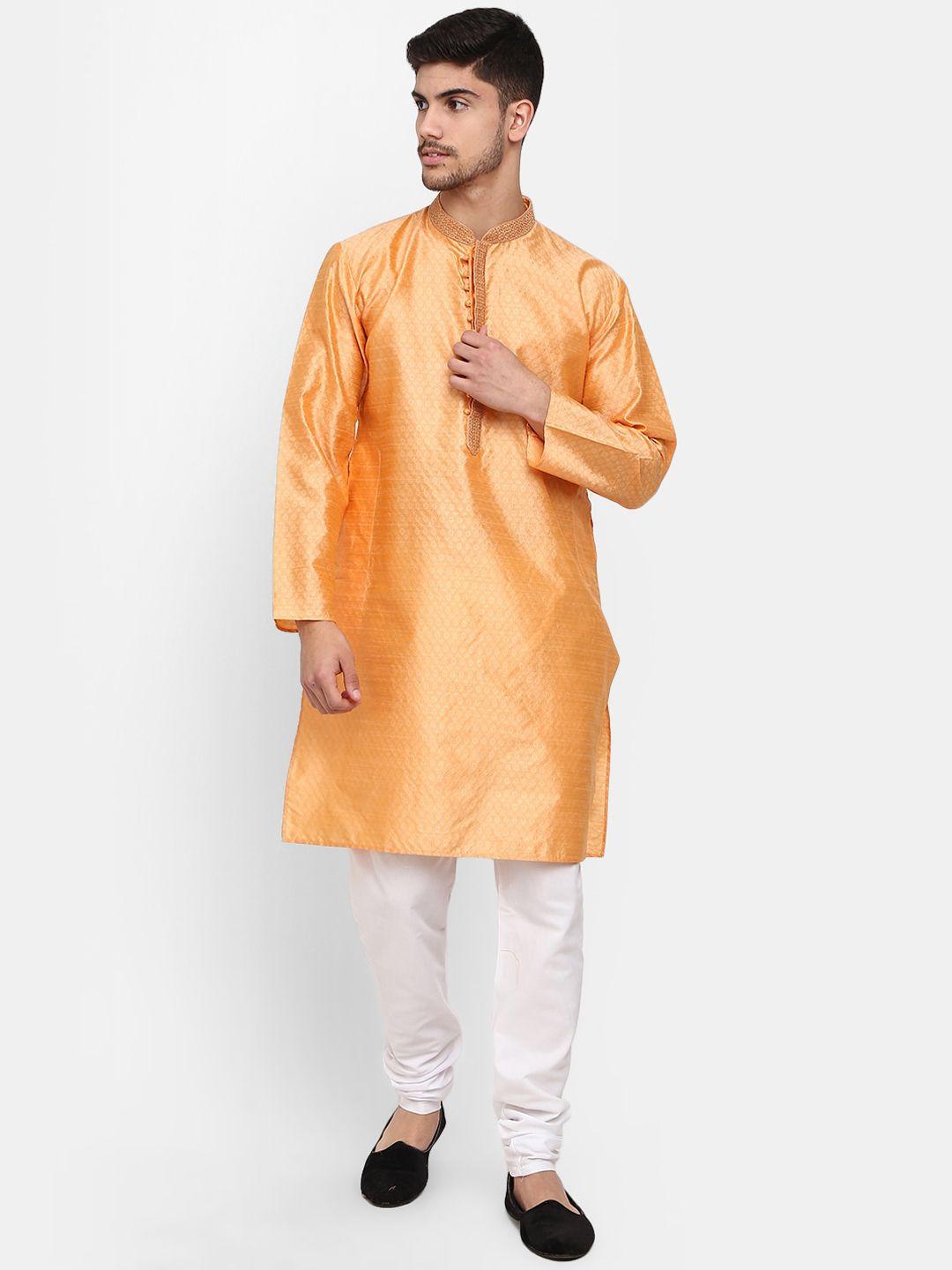 v-mart men orange floral kurta with pyjamas