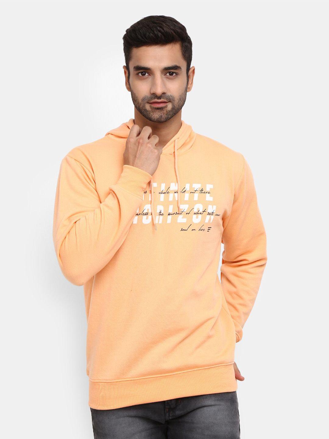v-mart men orange typography printed fleece hooded sweatshirt