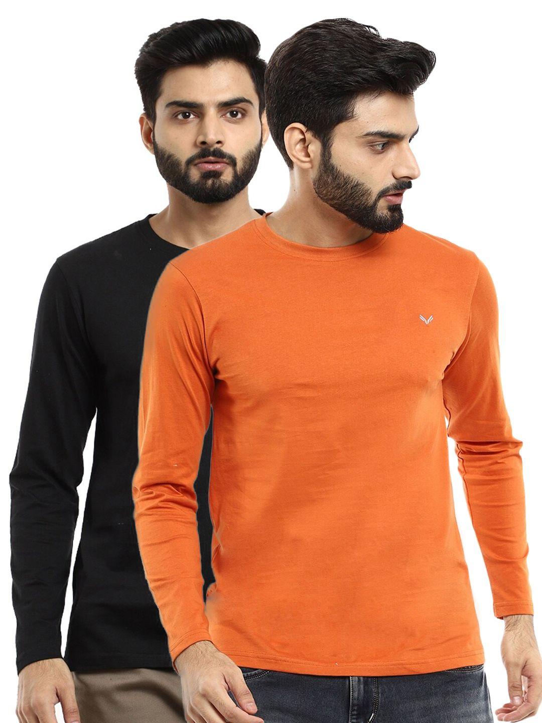 v-mart men pack of 2 orange & black pure cotton slim fit t-shirts