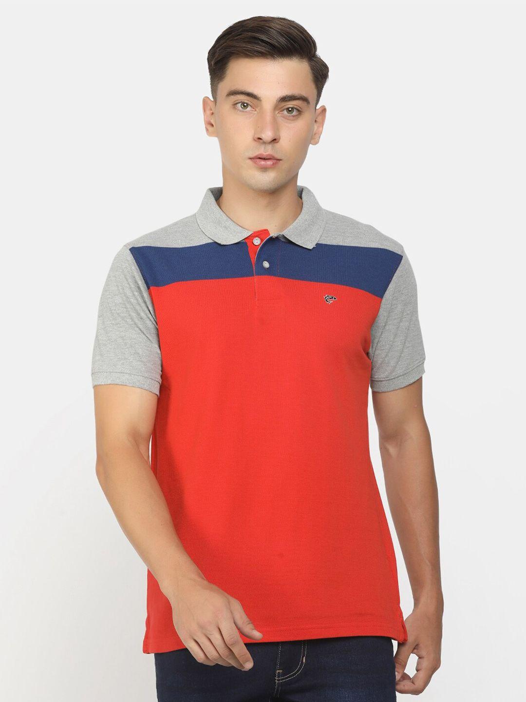 v-mart men red & blue colourblocked polo collar cotton t-shirt