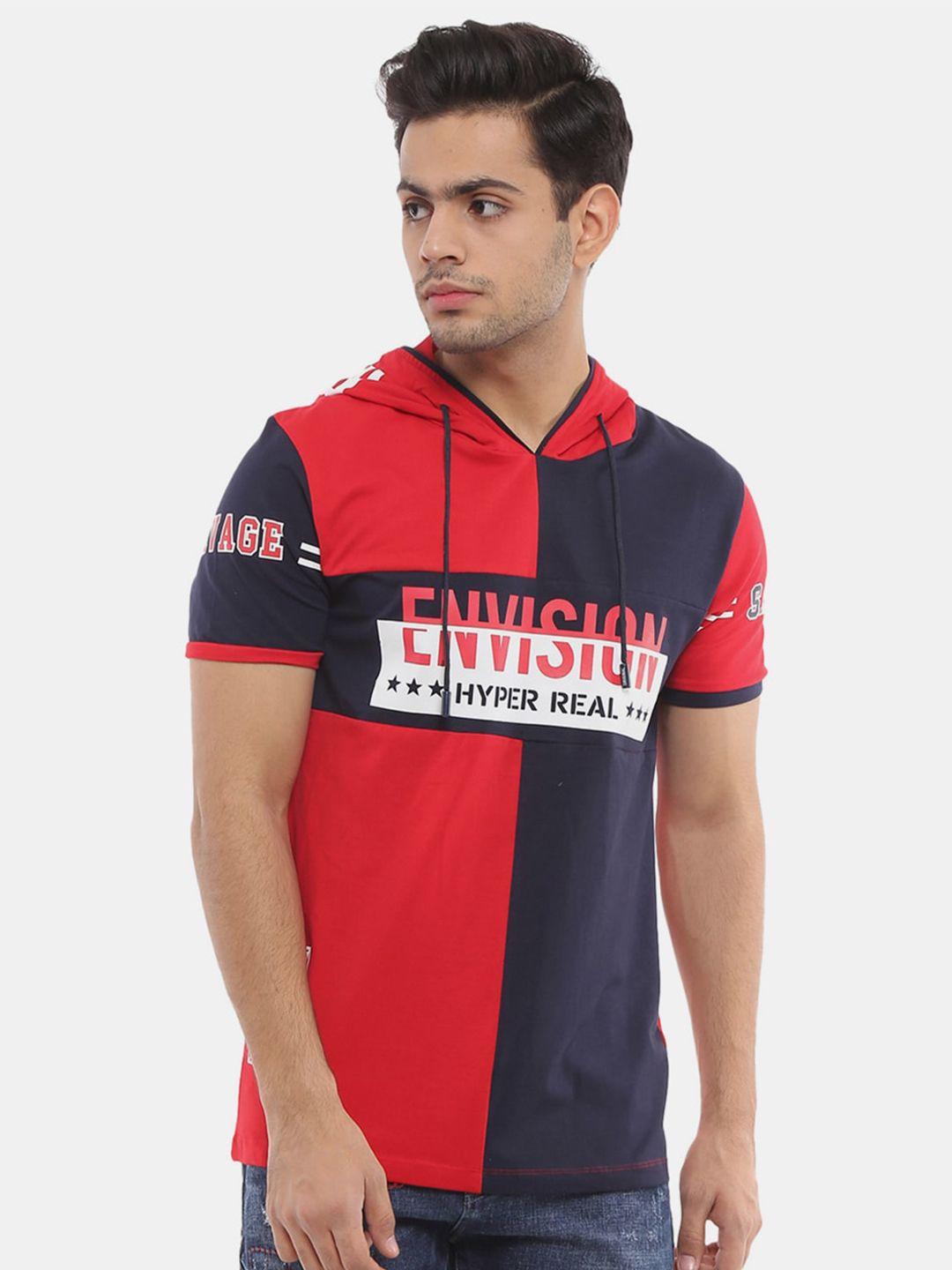 v-mart men red & navy blue colourblocked t-shirt