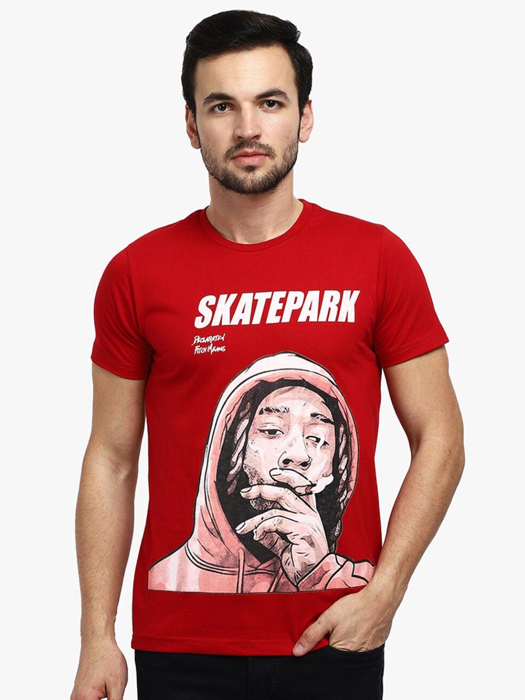 v-mart men red & puce biker printed applique slim fit outdoor t-shirt