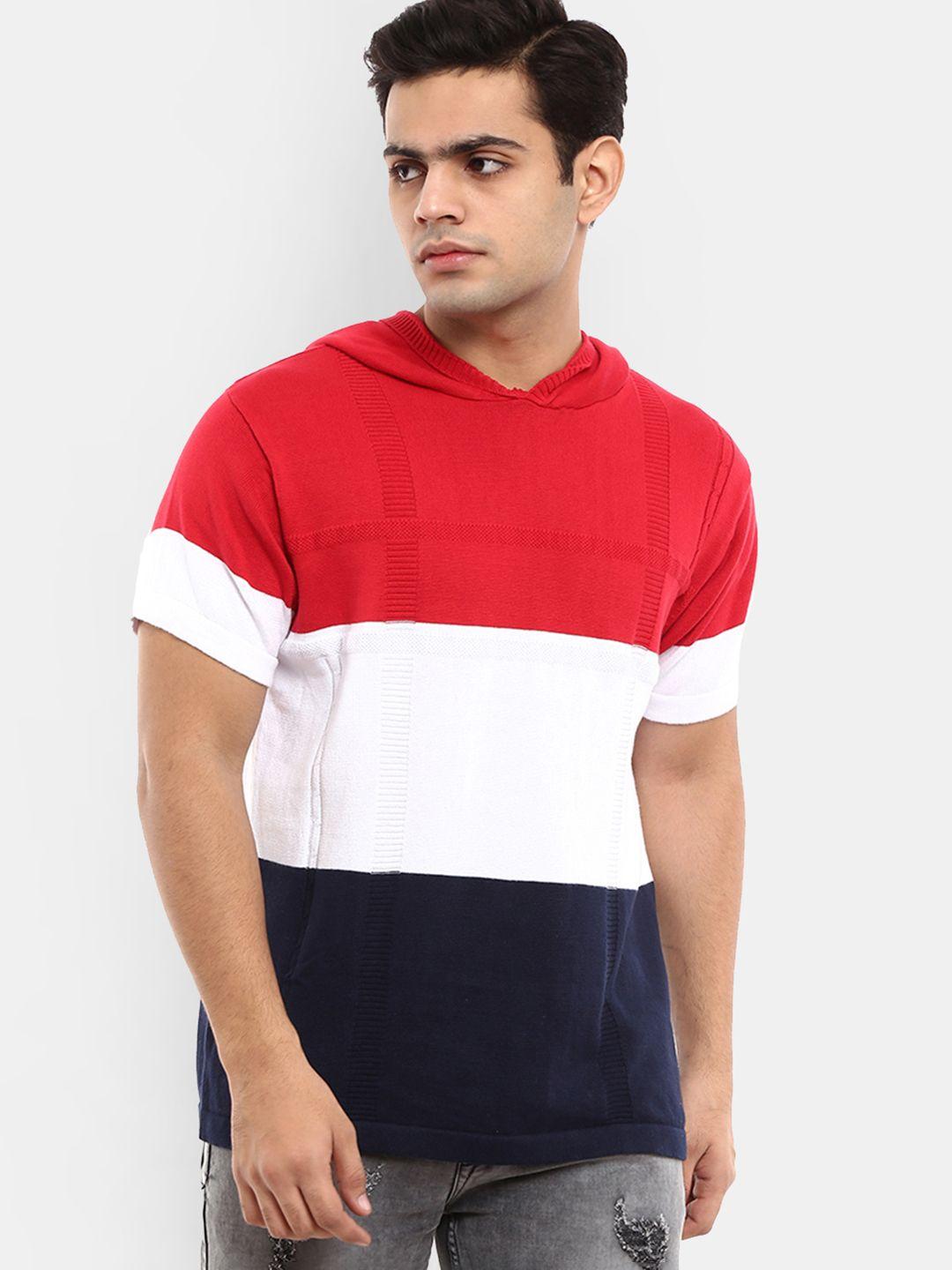 v-mart men red & white colourblocked slim fit t-shirt