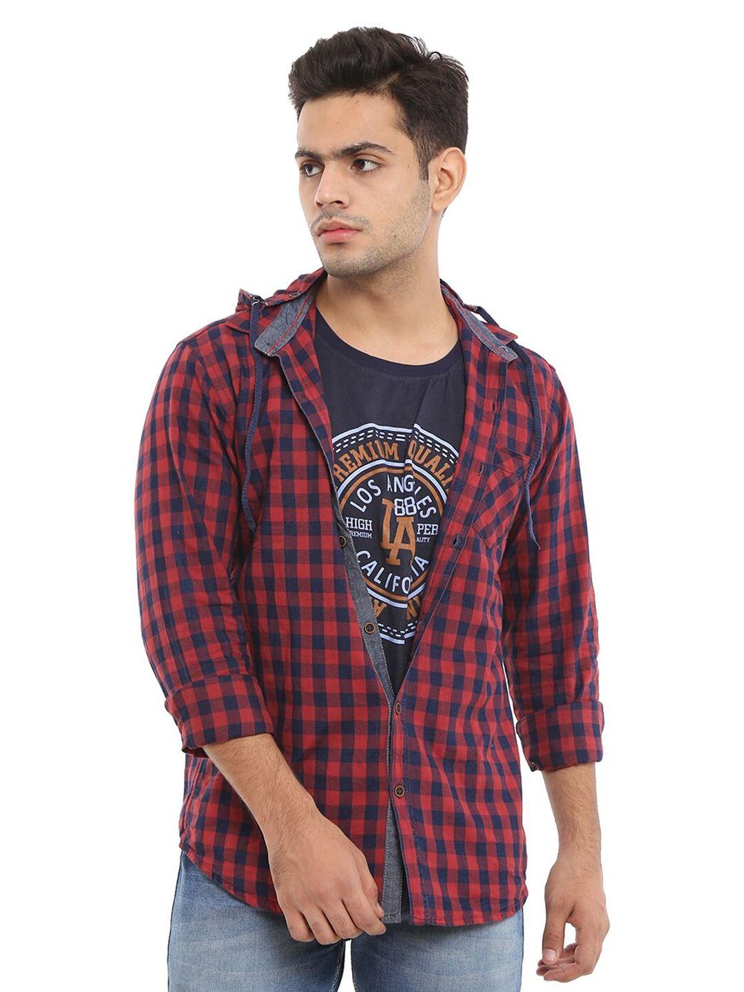 v-mart men red standard slim fit checked casual shirt