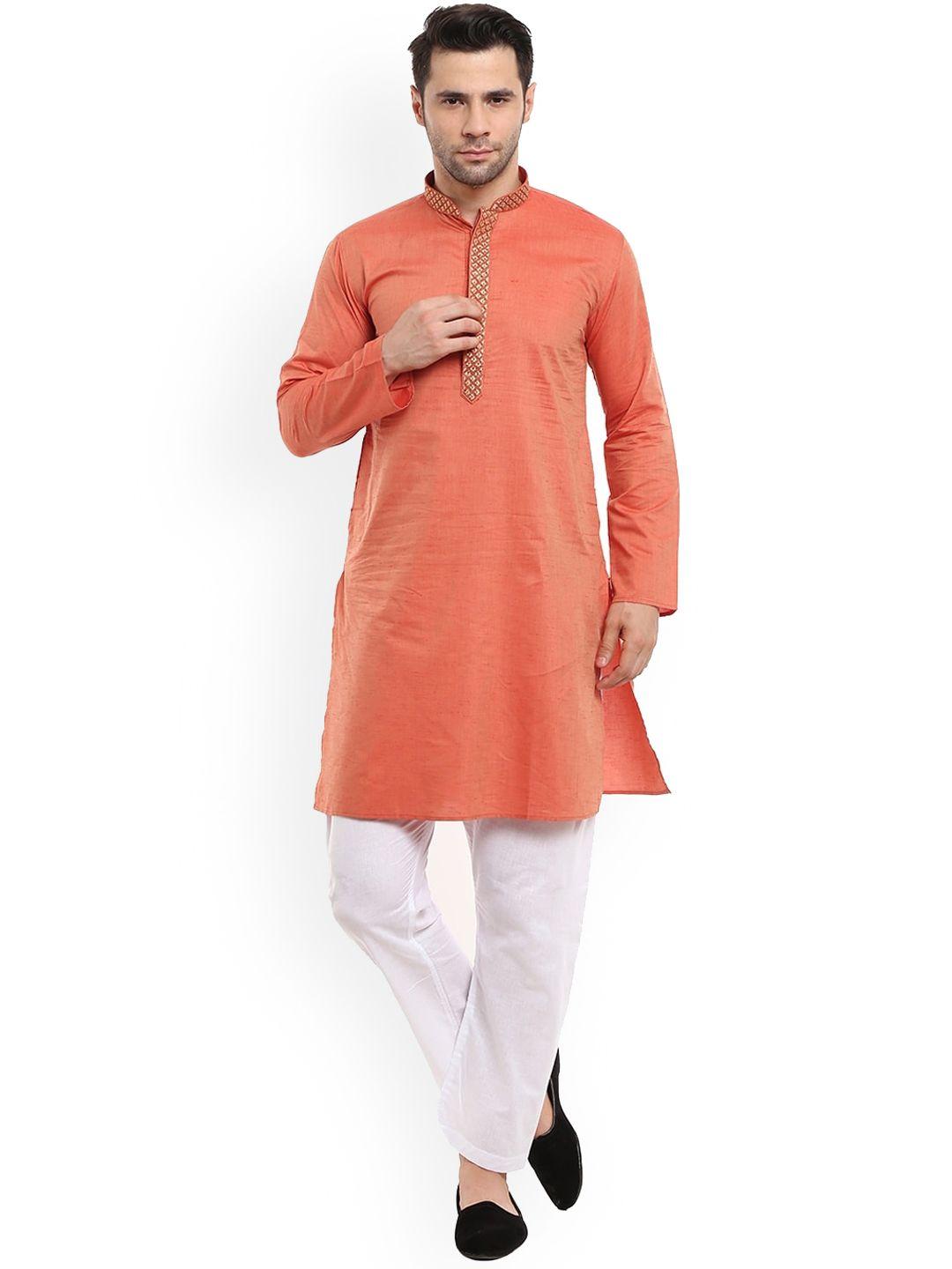 v-mart men rust & white pure cotton kurta with pyjamas