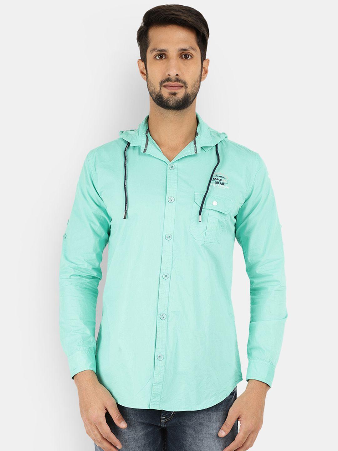 v-mart men sea green standard slim fit hooded casual cotton shirt