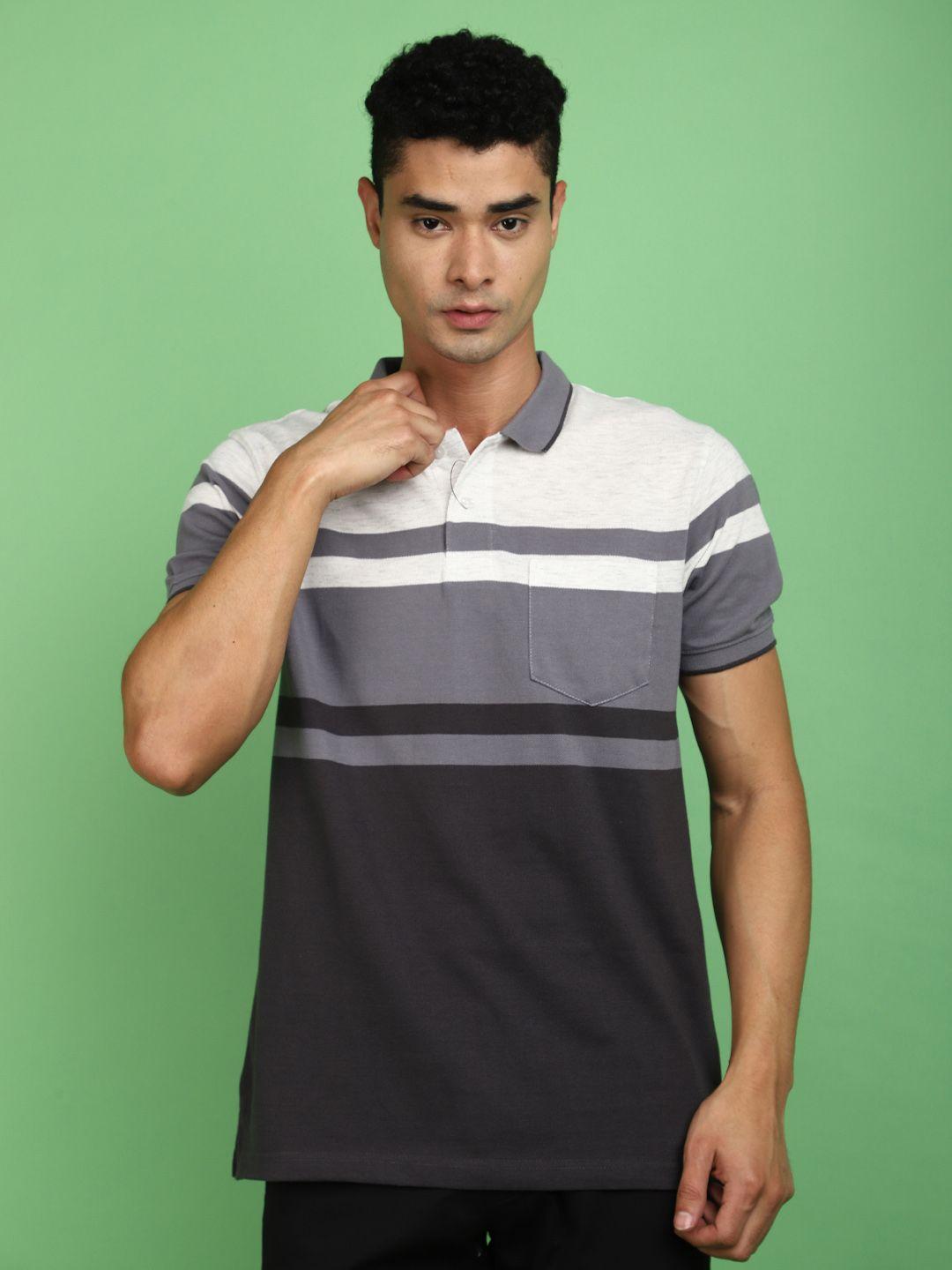 v-mart men striped polo collar extended sleeves pockets t-shirt