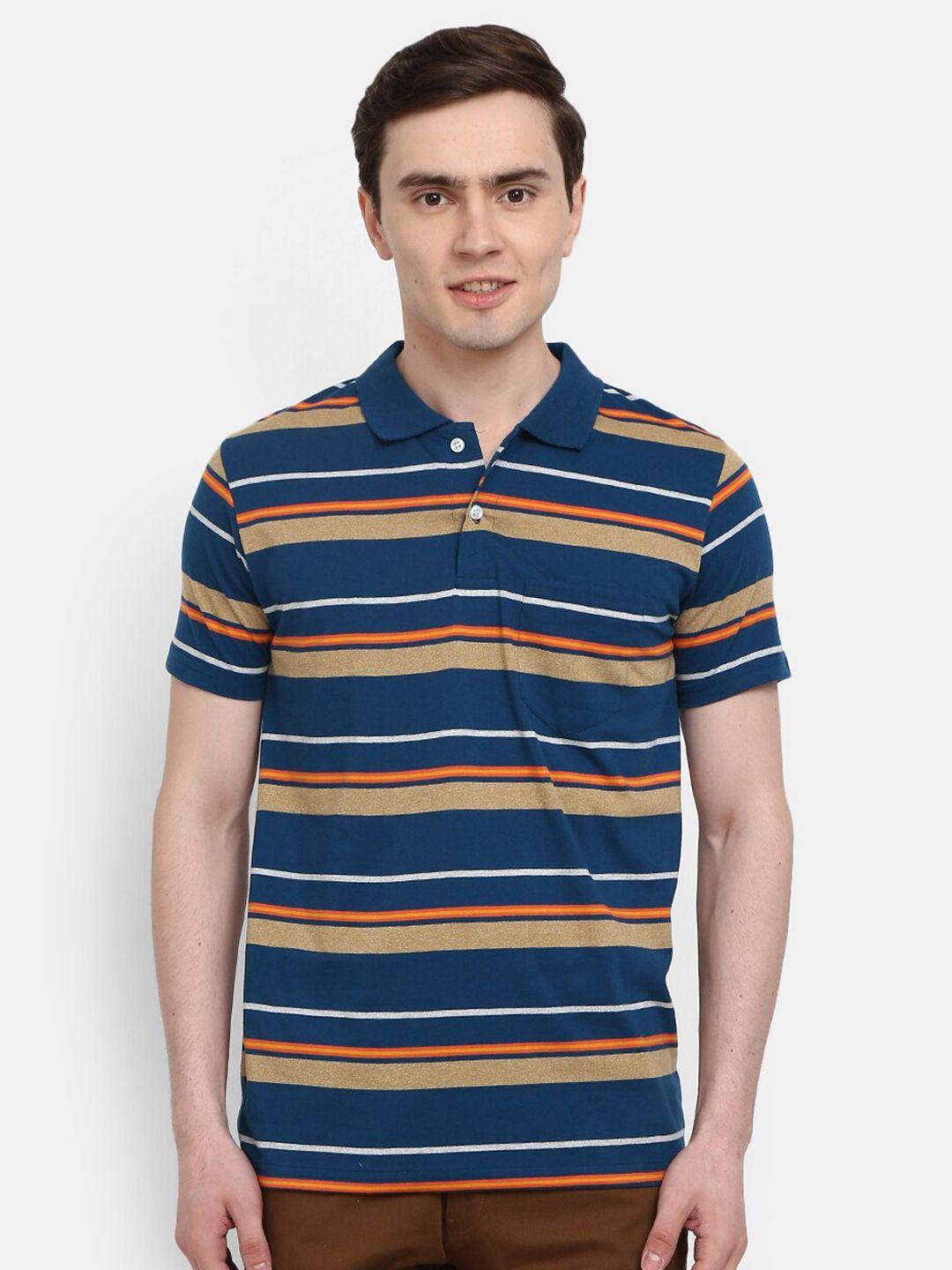 v-mart men teal striped polo collar slim fit t-shirt