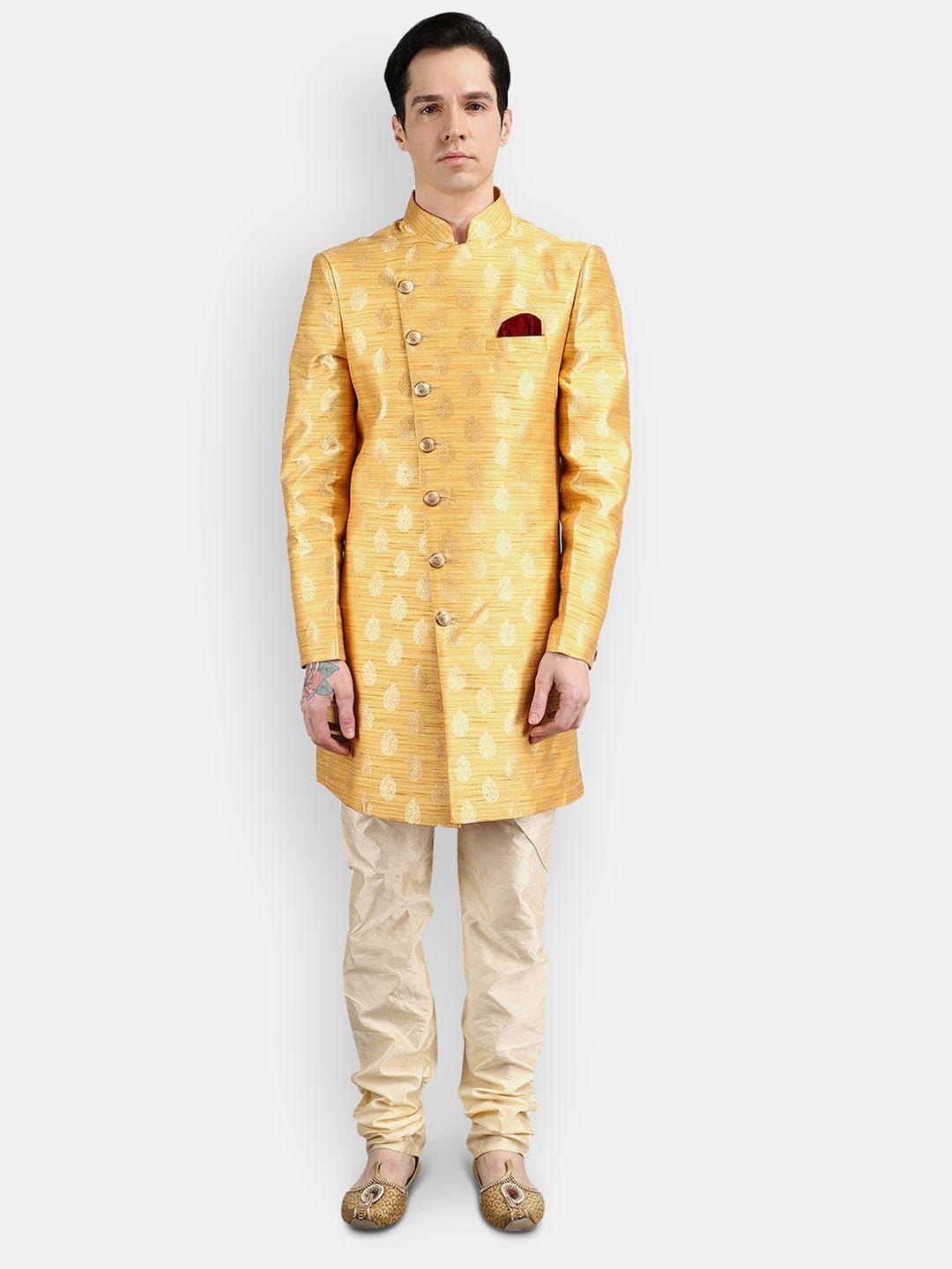 v-mart men yellow & beige self design sherwani set