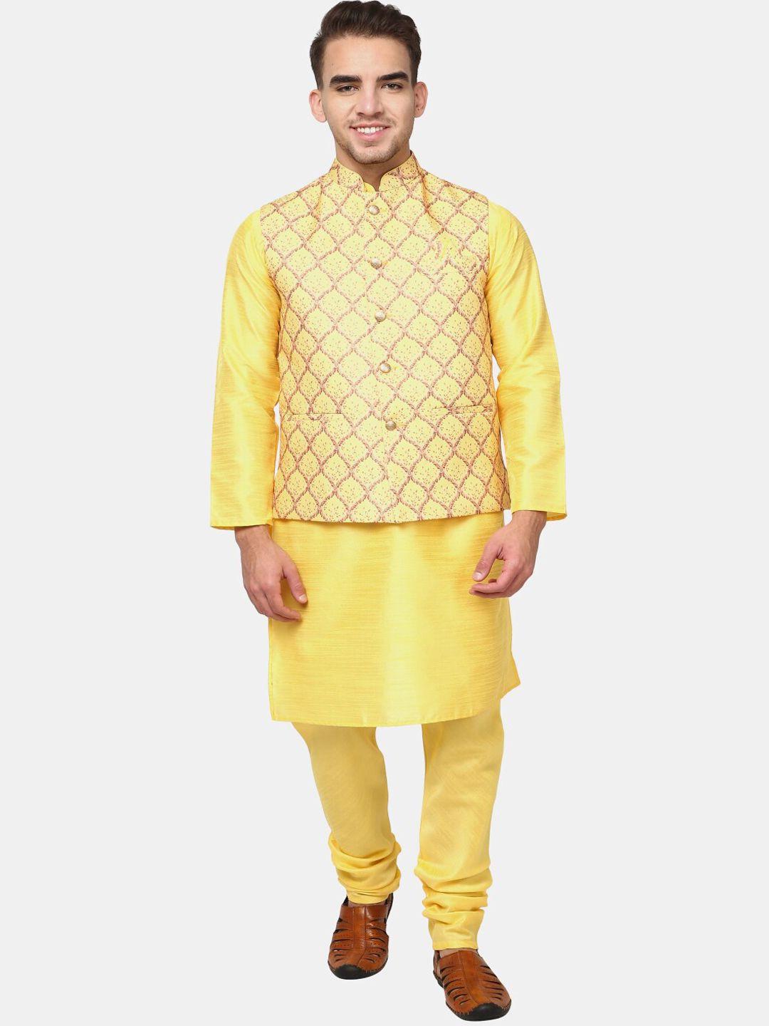 v-mart men yellow solid with printed jacket kurta set