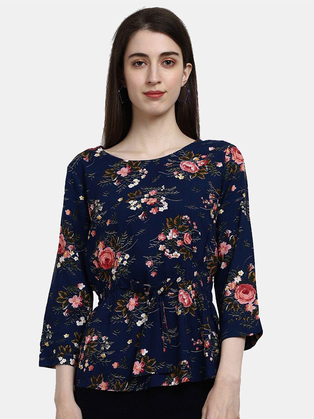 v-mart navy blue floral print chiffon cinched waist top