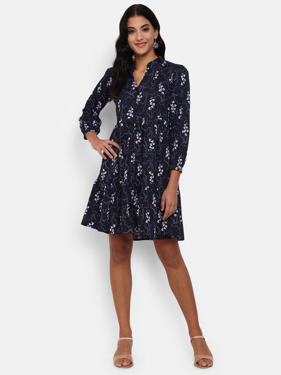 v-mart navy blue floral printed a-line midi dress