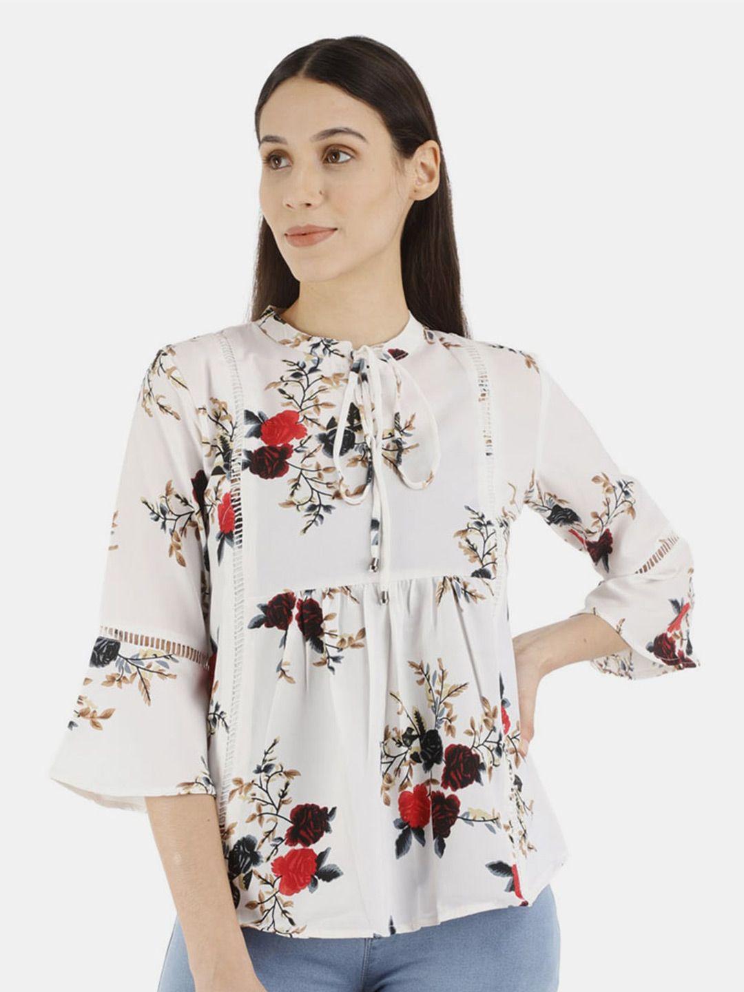 v-mart off white floral print mandarin collar pure cotton top