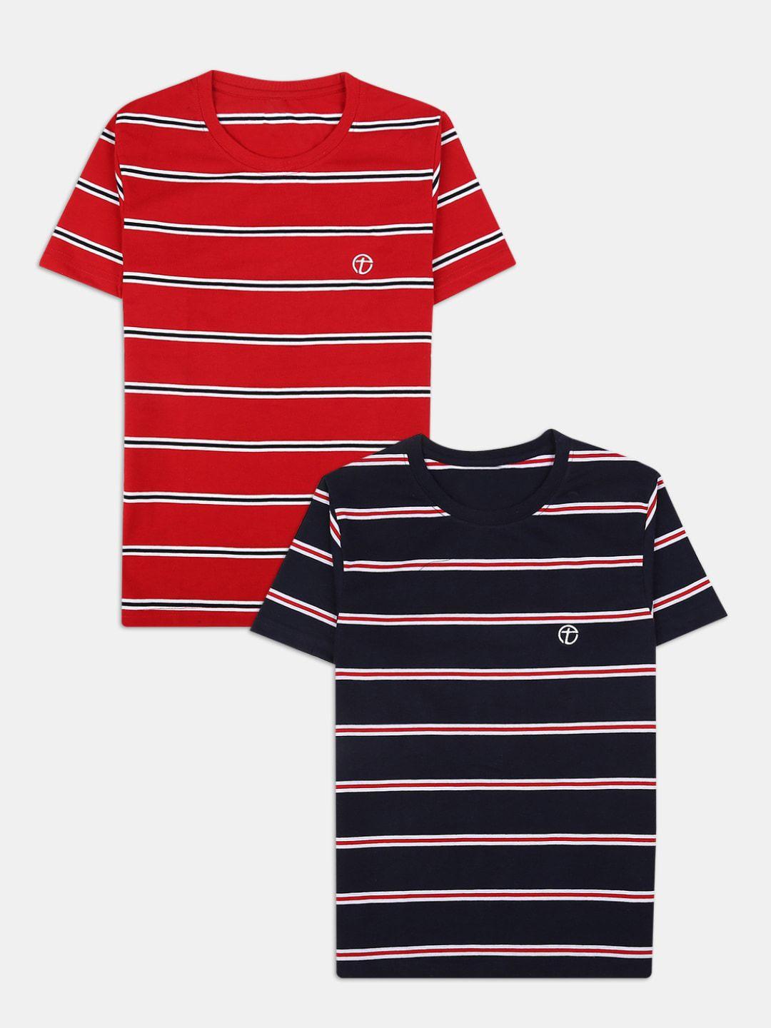 v-mart pack of 2 boys navy blue & red striped cotton t-shirt