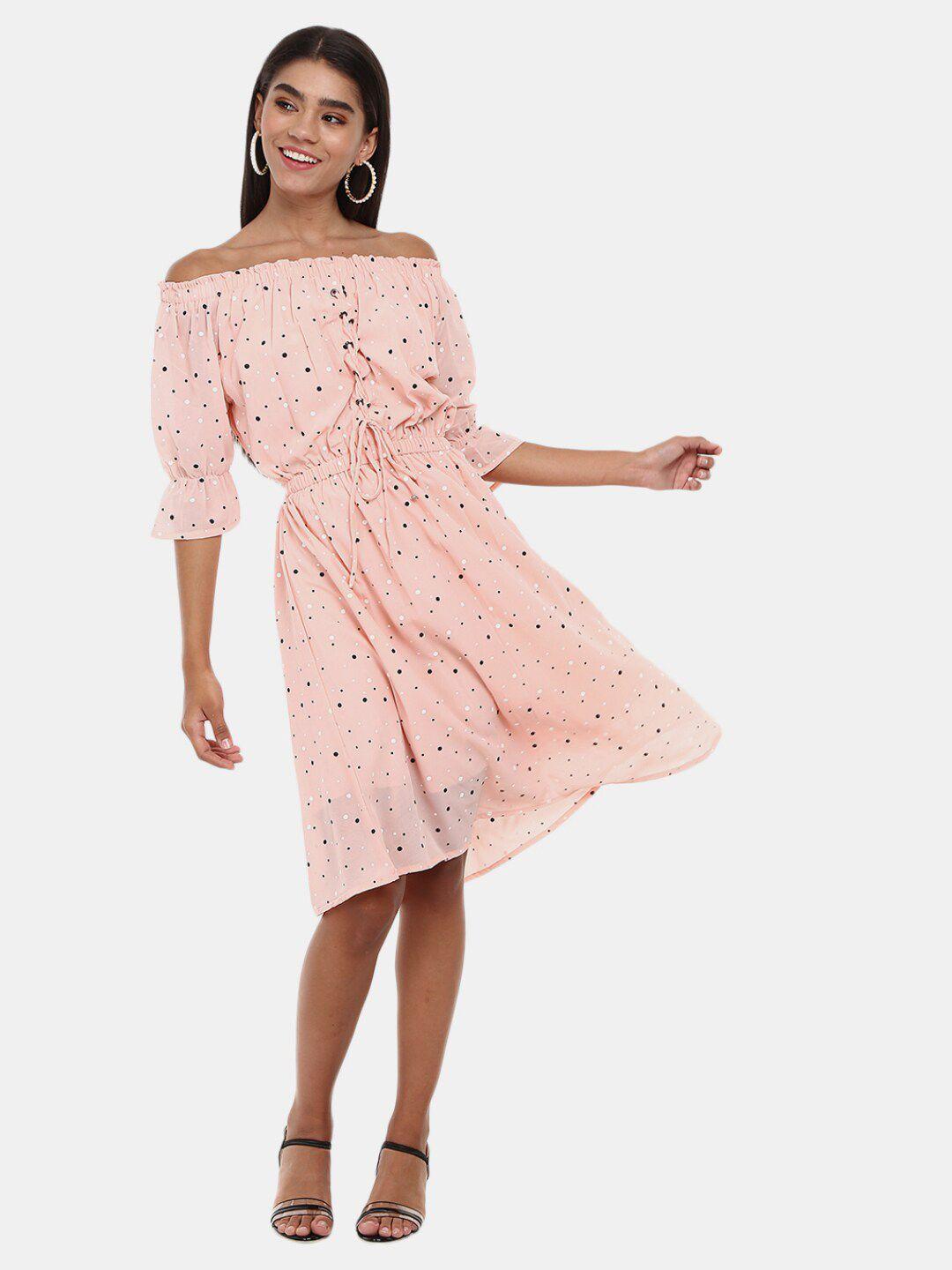 v-mart peach-coloured floral off-shoulder satin dress