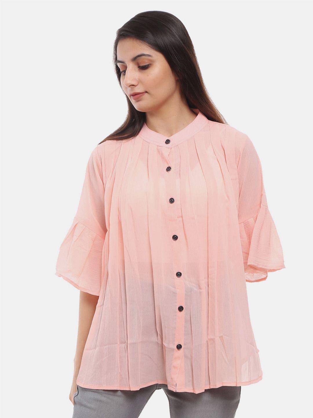 v-mart peach-coloured mandarin collar pure cotton shirt style top