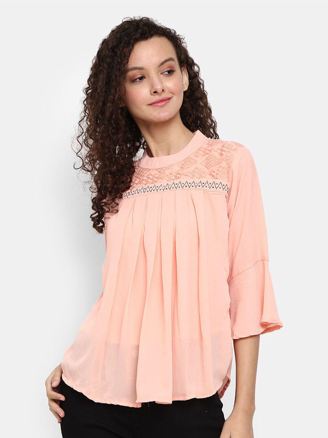 v-mart peach-coloured pleated embroidered top