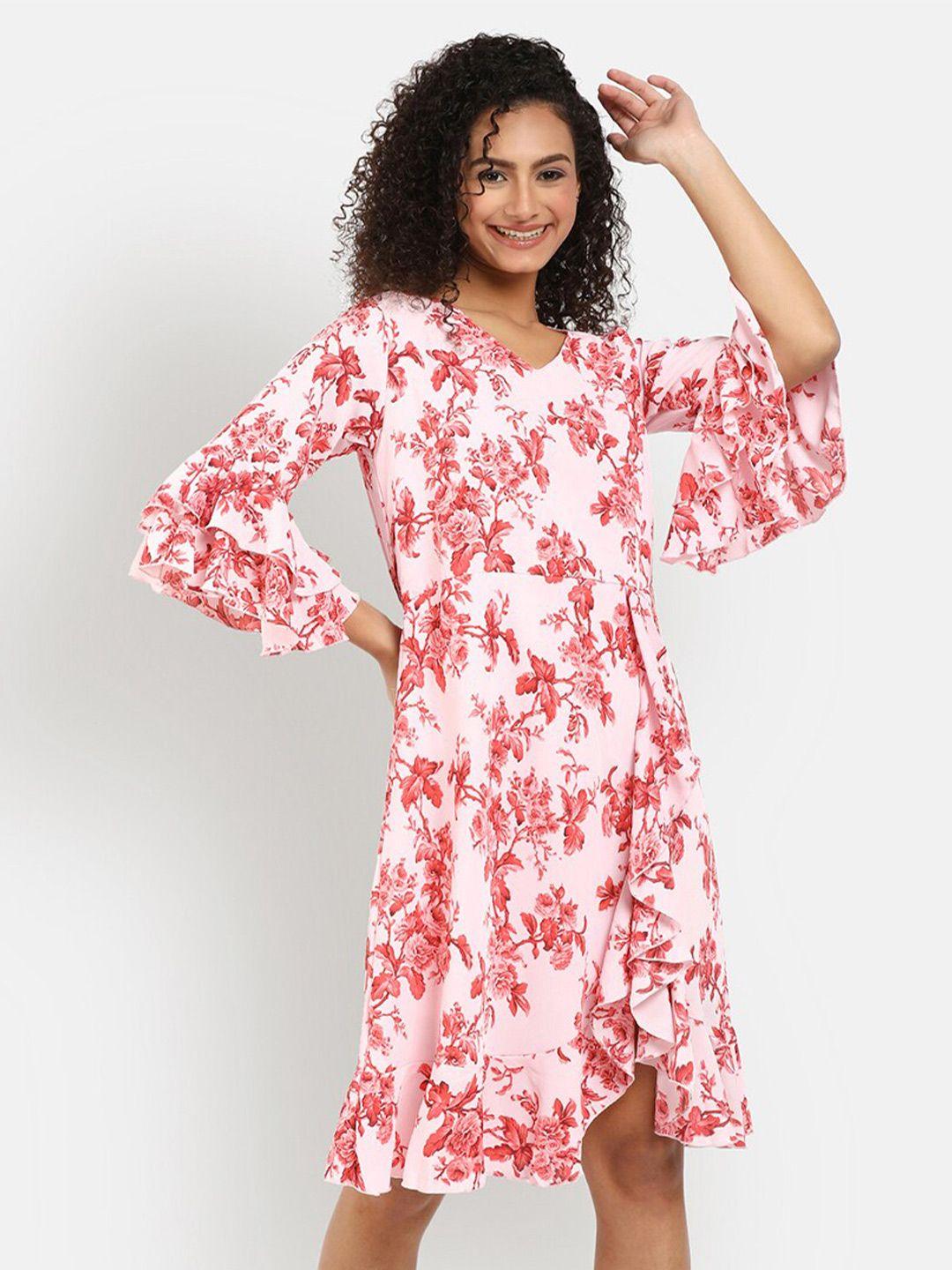 v-mart pink & red floral a-line cotton dress