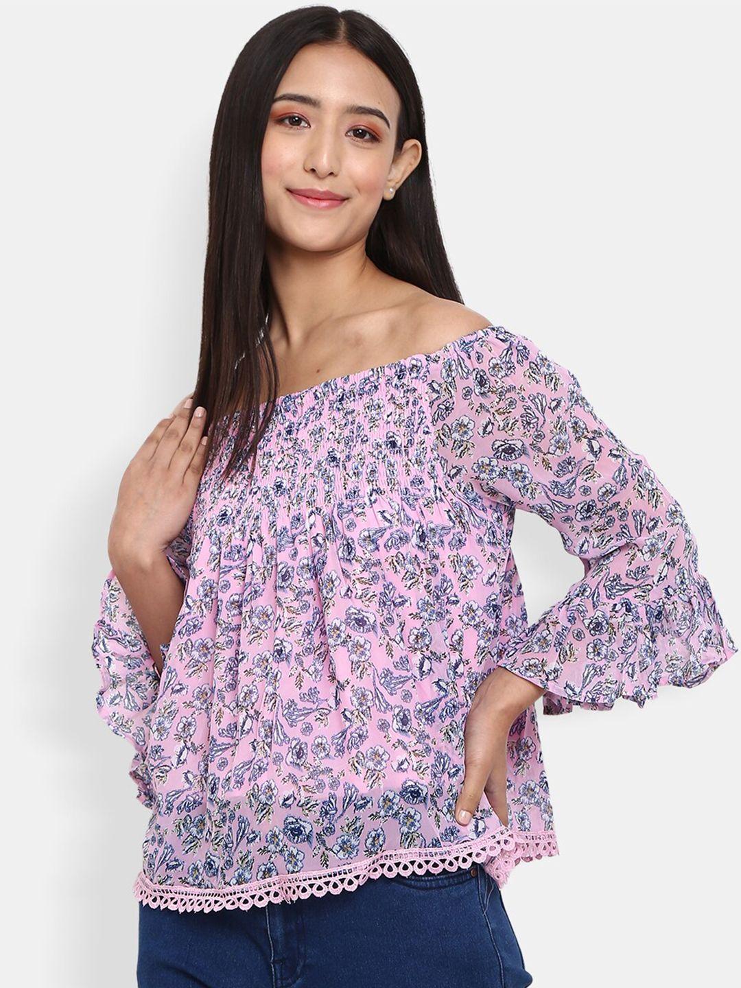 v-mart pink floral print off-shoulder georgette bardot top