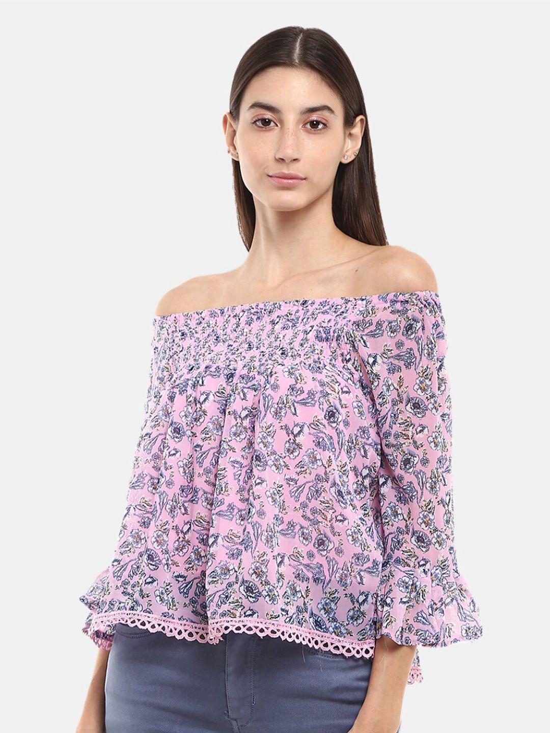 v-mart pink floral print off-shoulder georgette bardot top