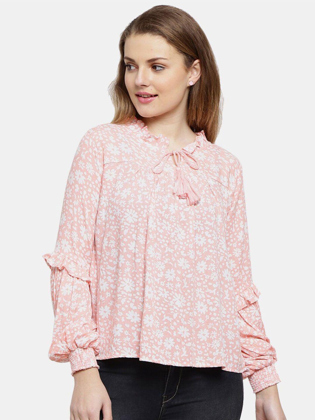 v-mart pink floral print tie-up neck top