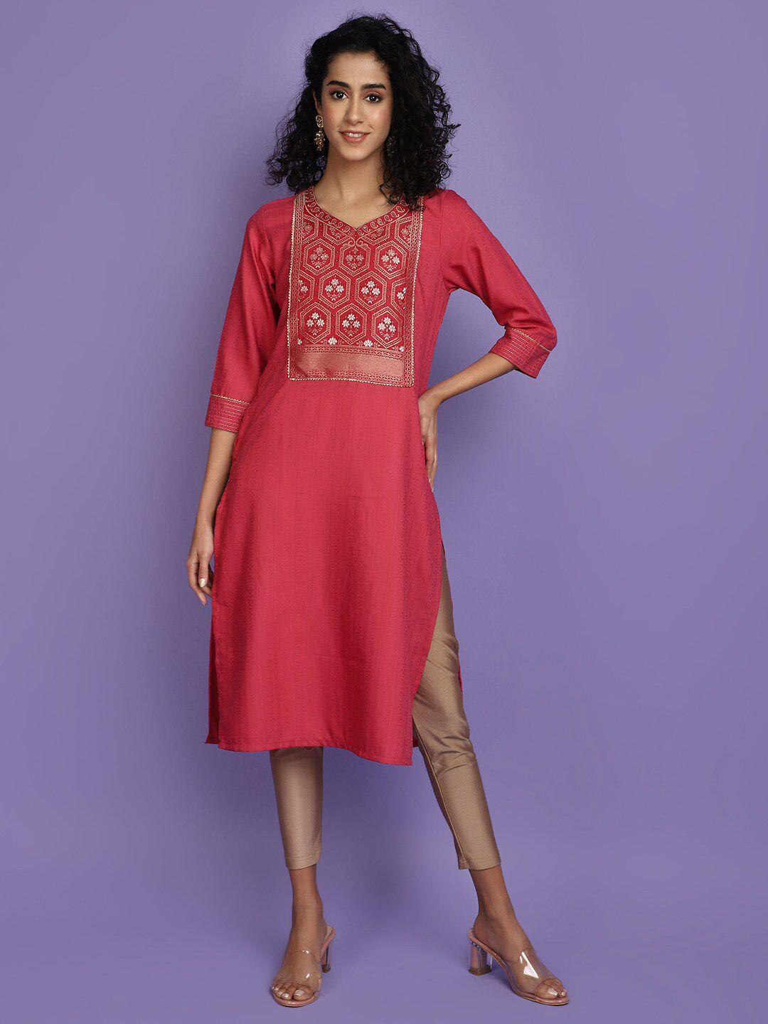 v-mart pink geometric printed embroidered cotton straight kurta