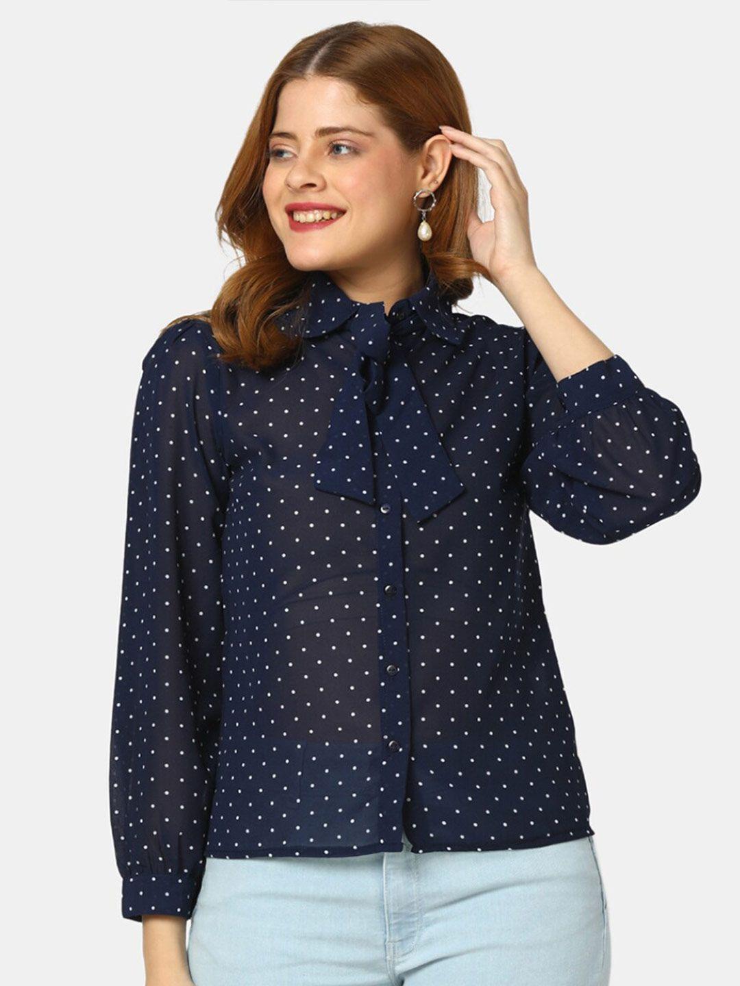 v-mart polka dots print tie-up neck cotton shirt style top