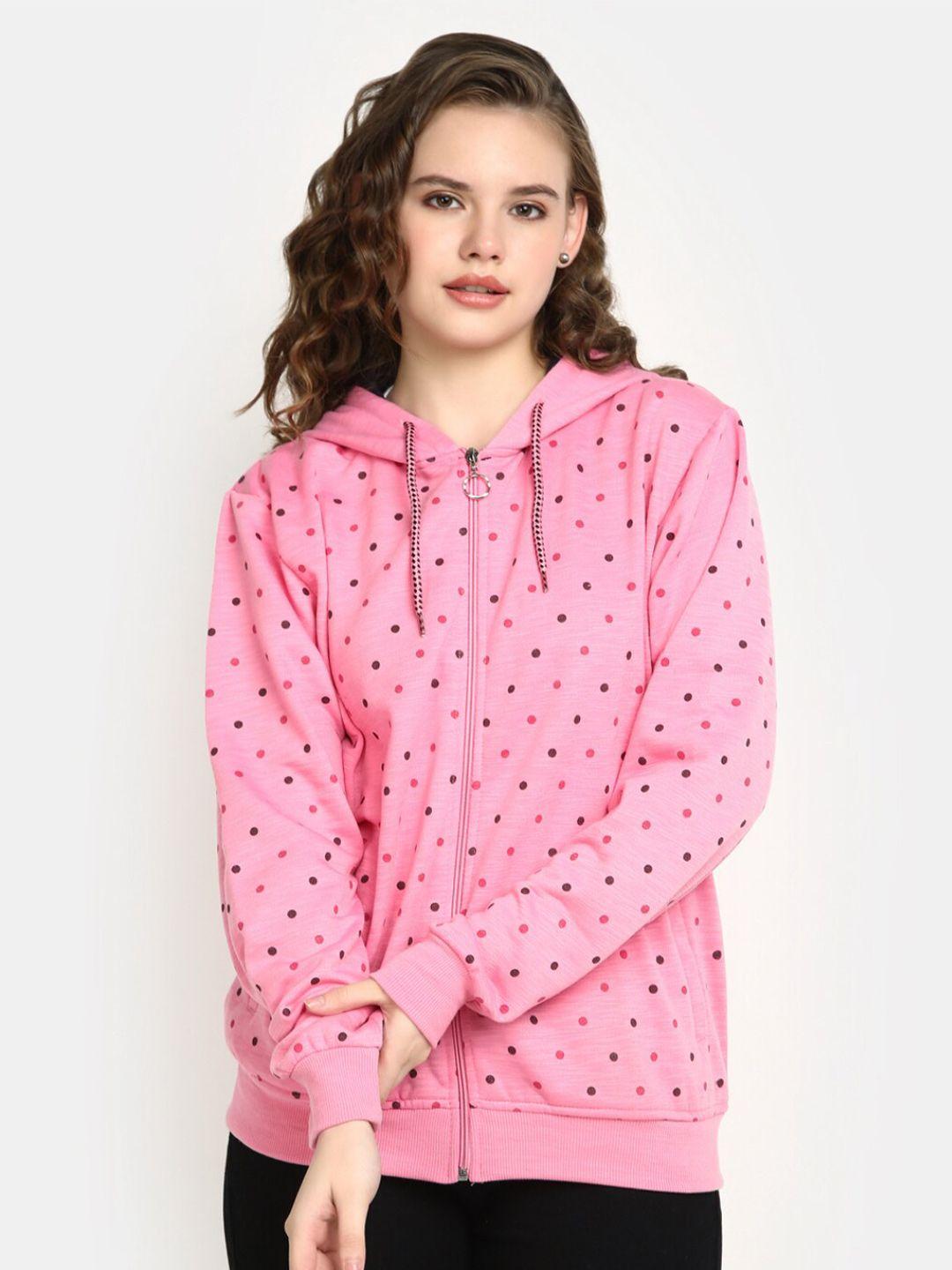 v-mart polka dots printed hooded cotton front open sweatshirt