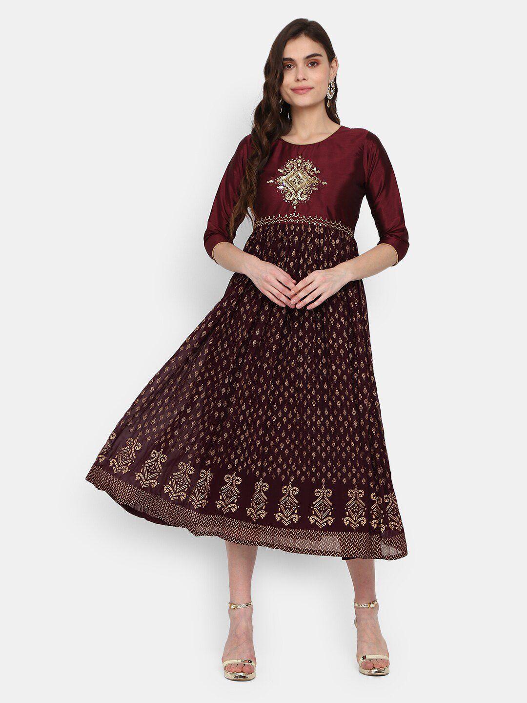 v-mart red & gold-toned ethnic printed embroidered cotton ethnic fit & flare midi dress
