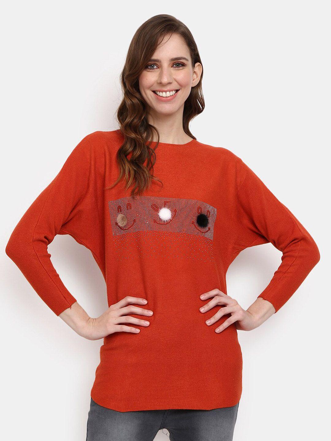 v-mart self design embellished round neck cotton pullover