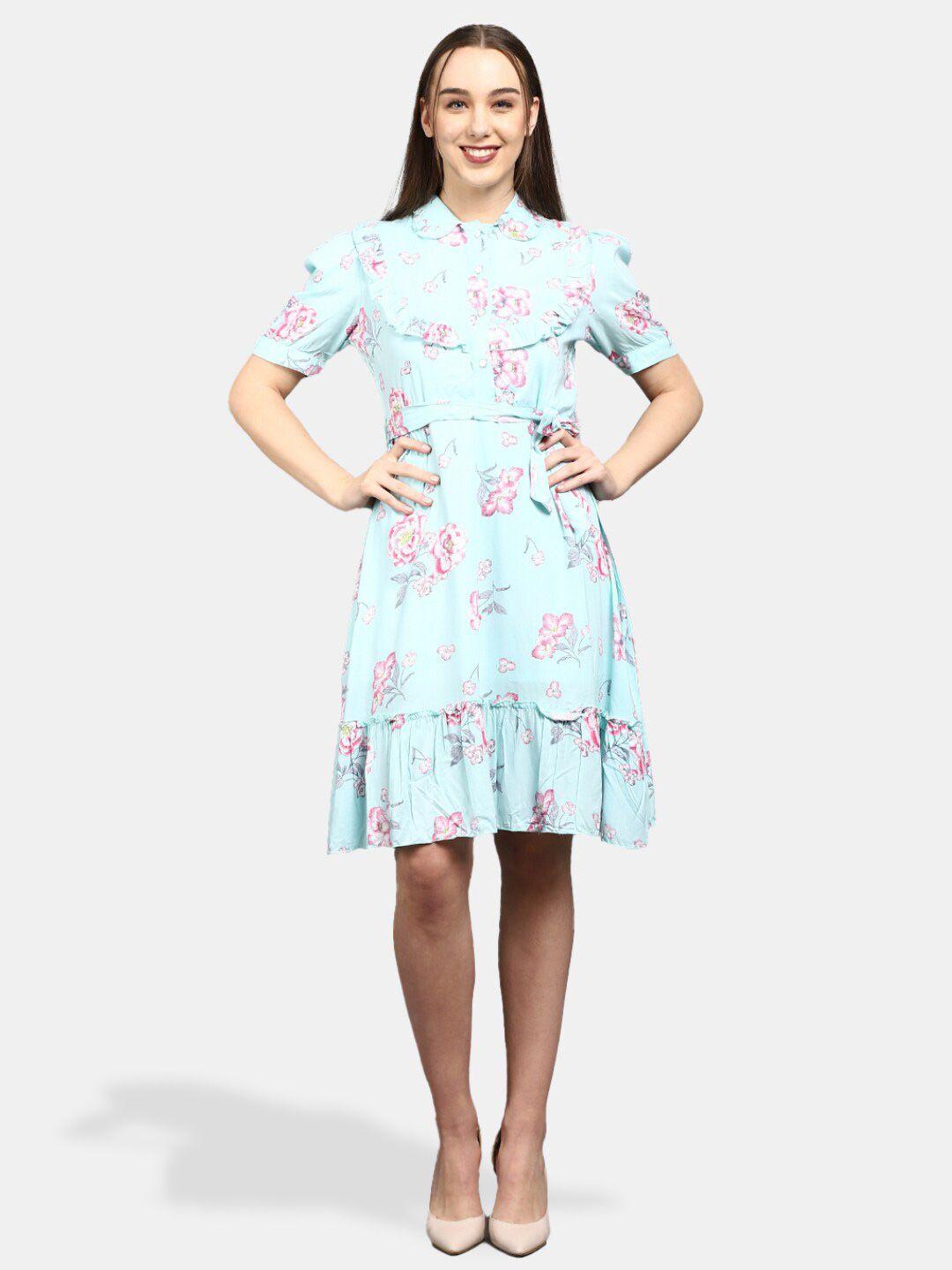 v-mart shirt collar floral printed jacquard a-line dress with belt