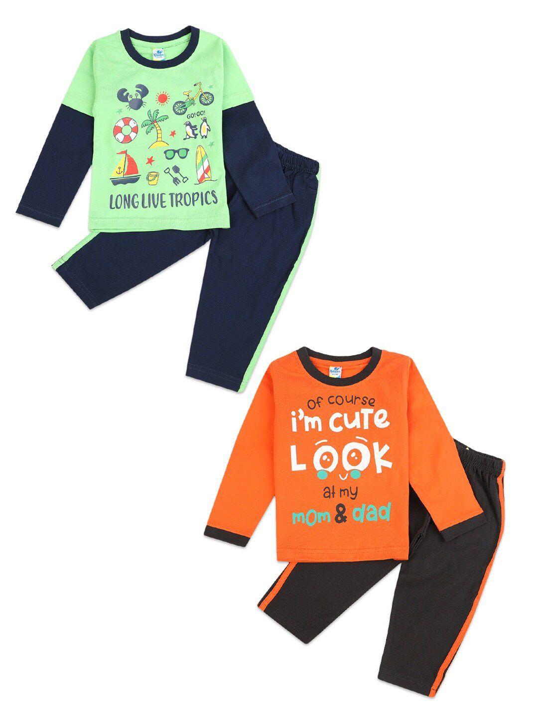 v-mart unisex kids green & orange printed t-shirt with pyjamas