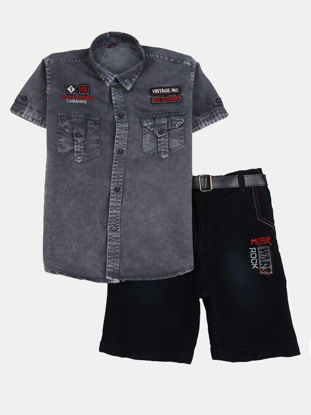 v-mart unisex kids grey & black pure cotton shirt with shorts