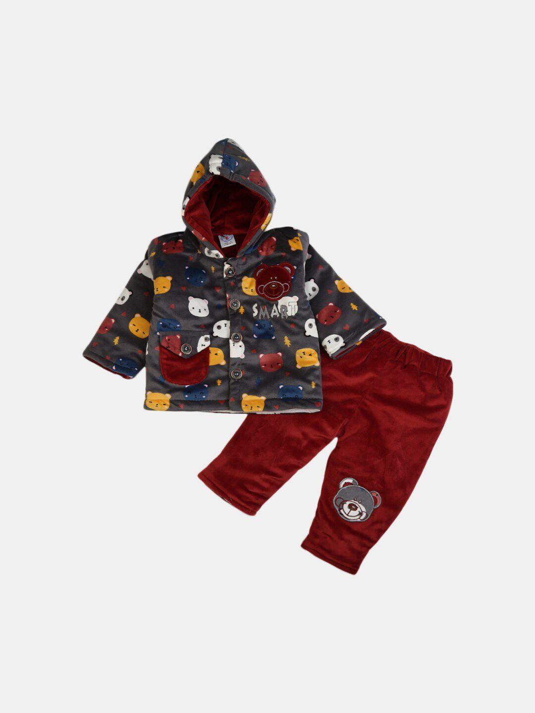 v-mart unisex kids grey & maroon printed shirt with trousers