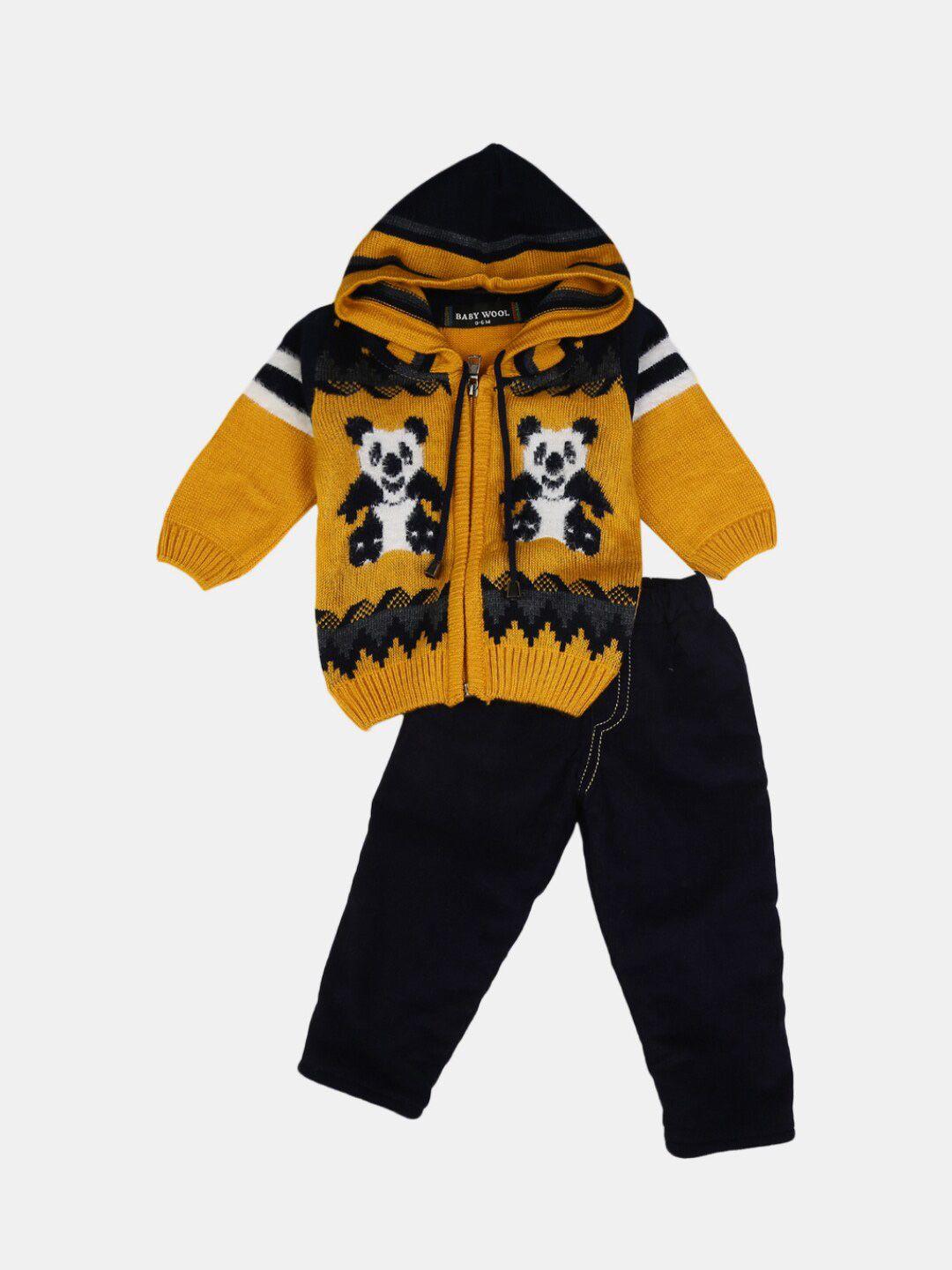 v-mart unisex kids mustard & black self design hooded t-shirt with pyjama