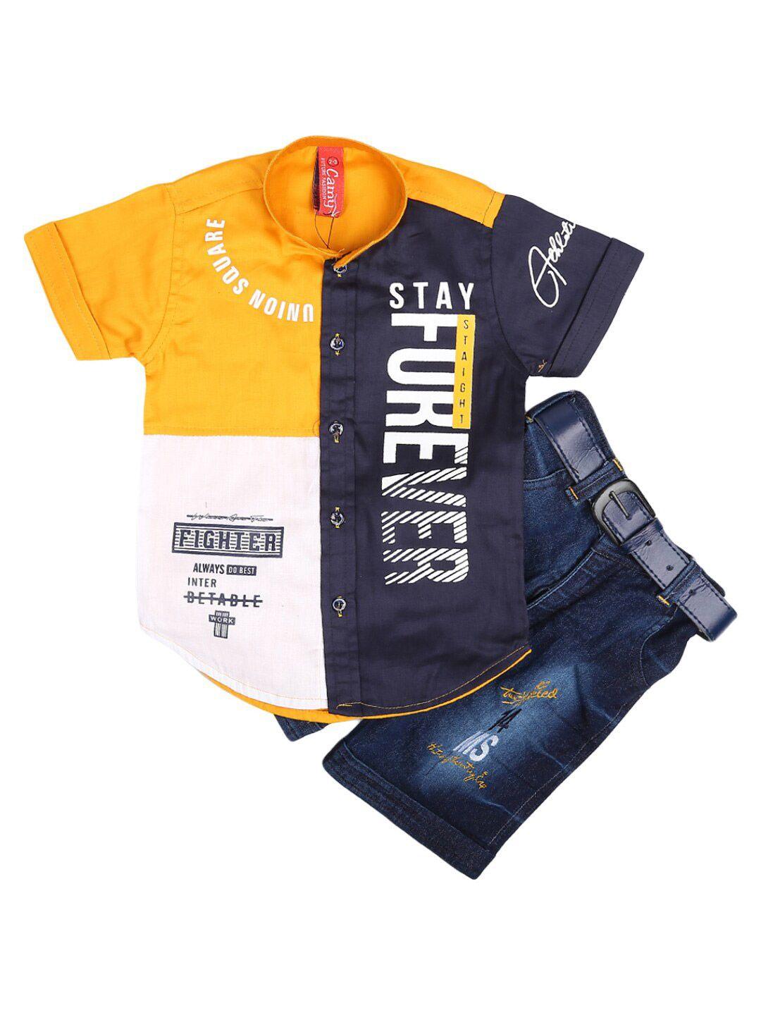 v-mart unisex kids mustard yellow & blue colourblocked pure cotton shirt with shorts