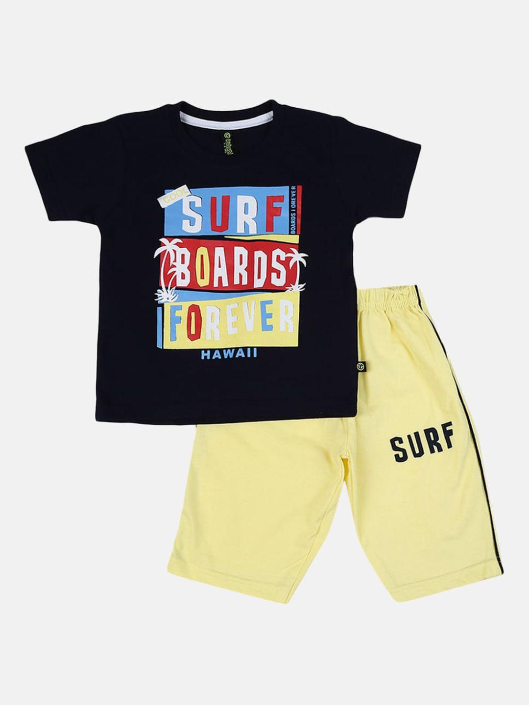v-mart unisex kids navy blue & yellow printed t-shirt with shorts