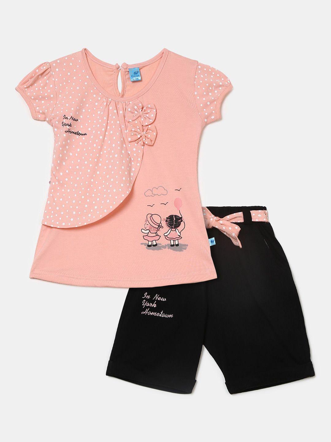 v-mart unisex kids peach-coloured & black printed t-shirt with shorts